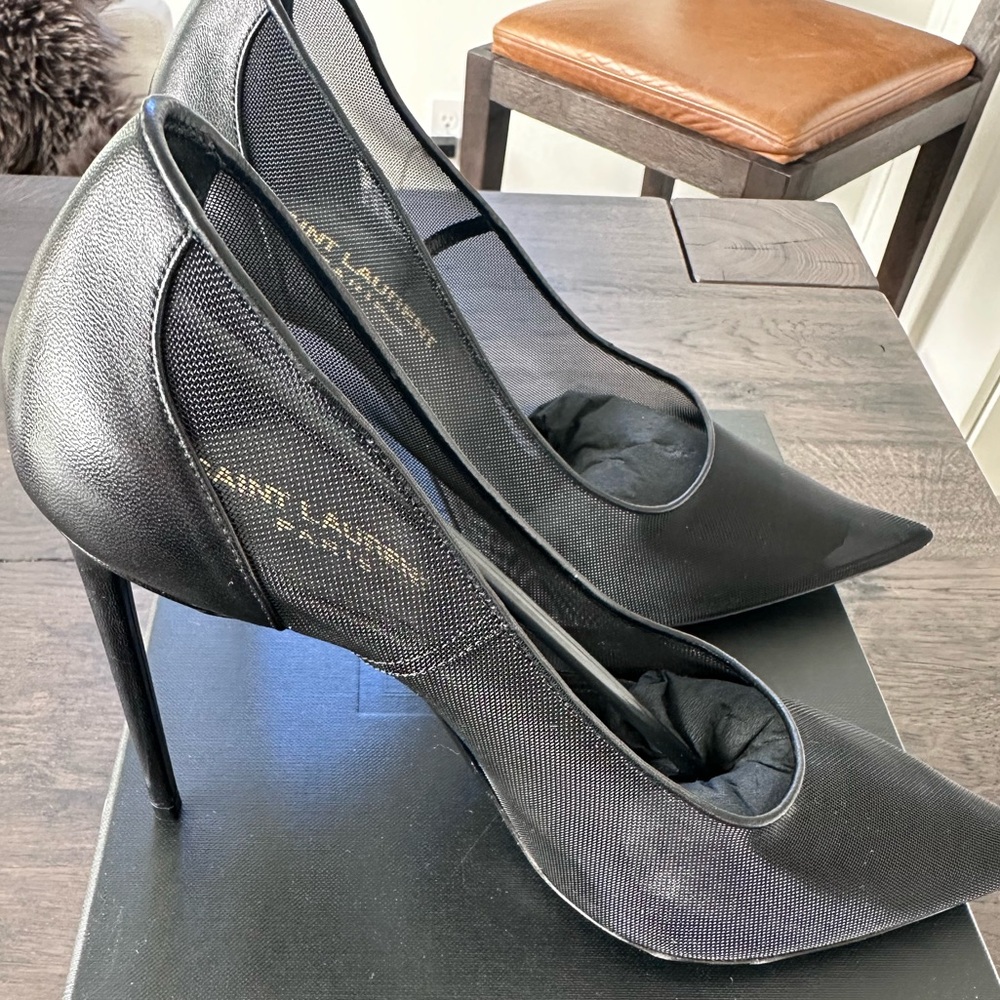 Saint Laurent Anja 105mm Stiletto Heel Pump Mesh and Leather Black EU 38 US 8